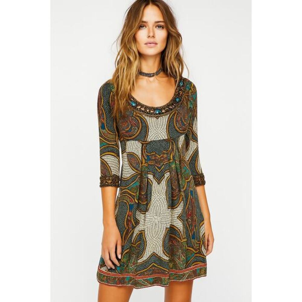 Joyous & Free Beaded Boho Paisley Tunic Dress‎ Size XS